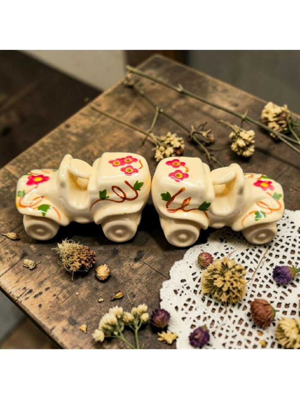 Vintage Hand-Painted Ceramic Jalopy Car Salt & Pepper Shakers Floral Design
